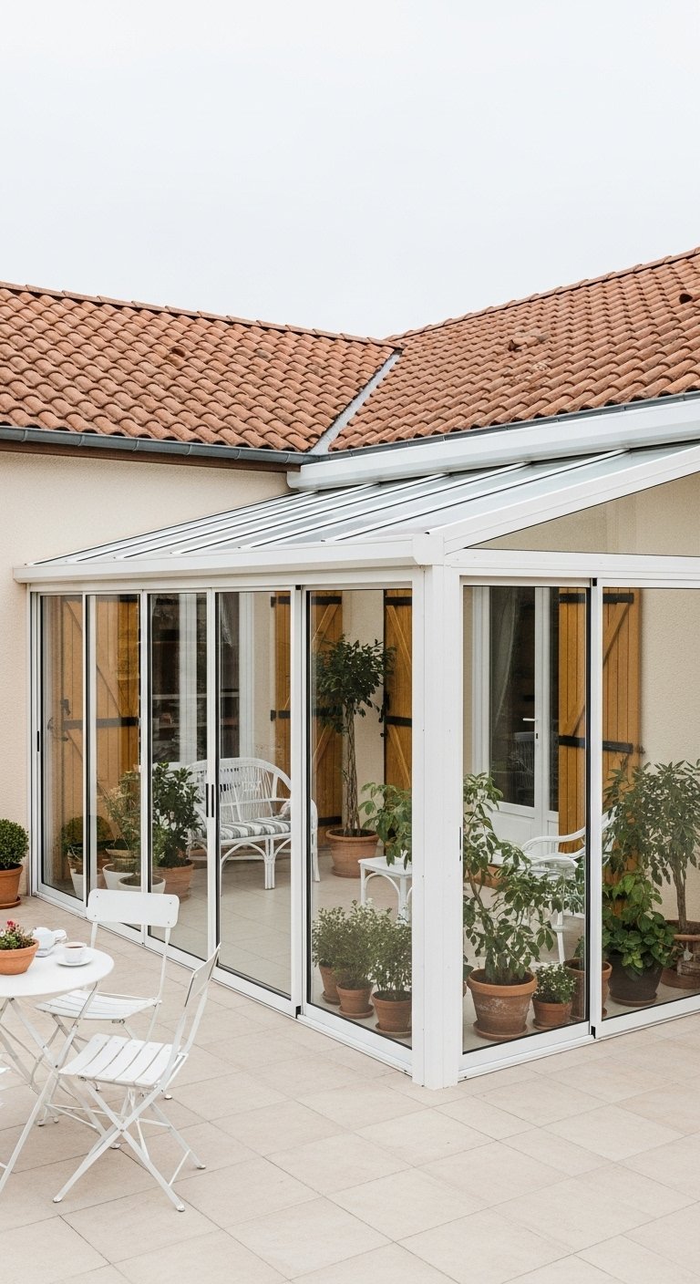 Jardin d hiver avec structure blanche rempli de plantes en pots