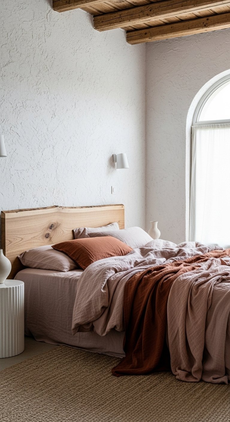 Lit avec draps terracotta et tête de lit en bois brut