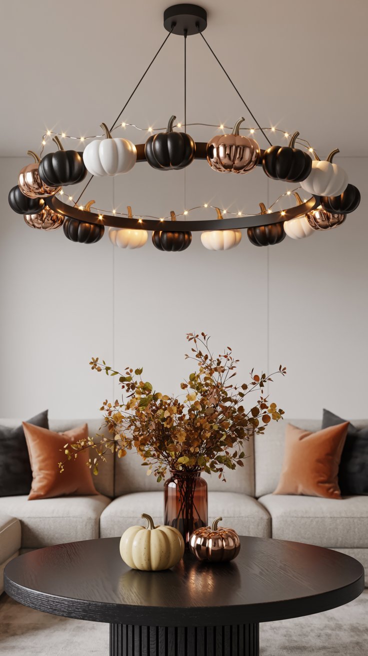 Lustre circulaire moderne décoré de mini citrouilles pour Halloween