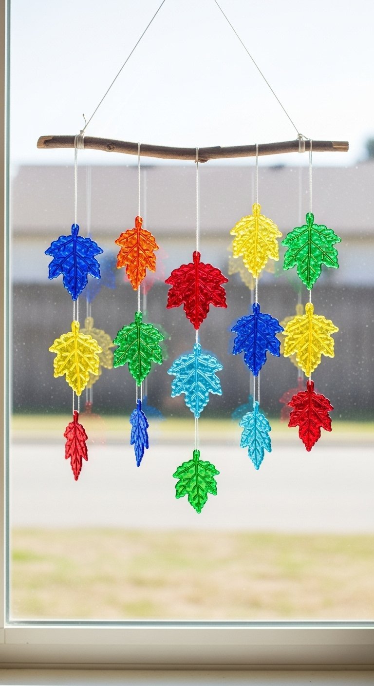 Mobile de feuilles en verre multicolore suspendu devant une fenêtre