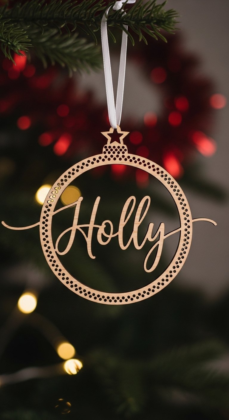 Ornement de noel en bois rond et ajoure personnalise avec le nom Holly
