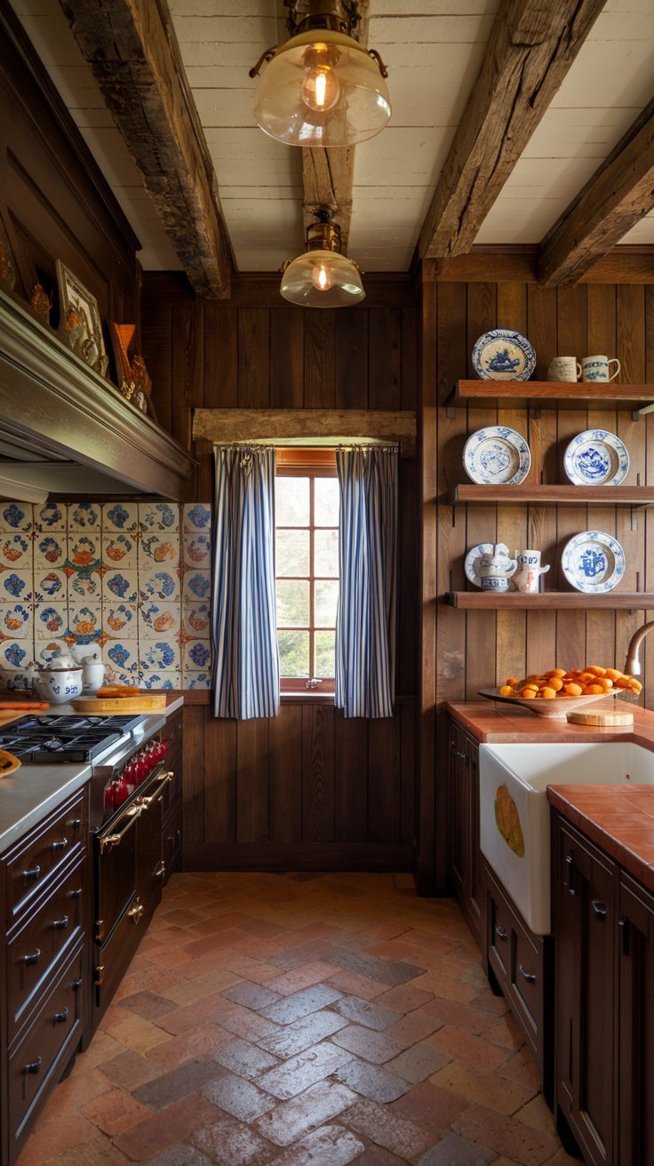 Petite cuisine rustique avec murs en lambris de bois et carrelage à motifs