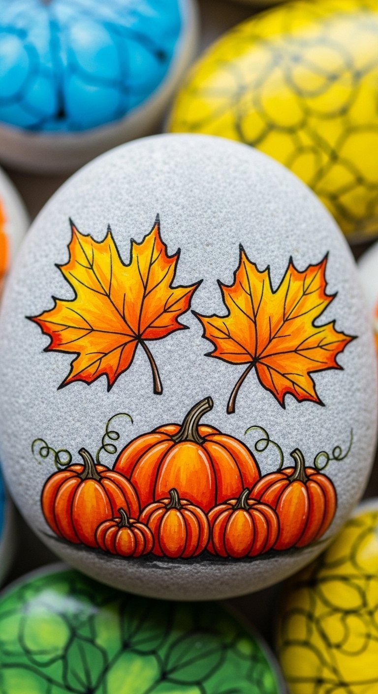 Pierre grise peinte à la main avec des feuilles d érable et des citrouilles