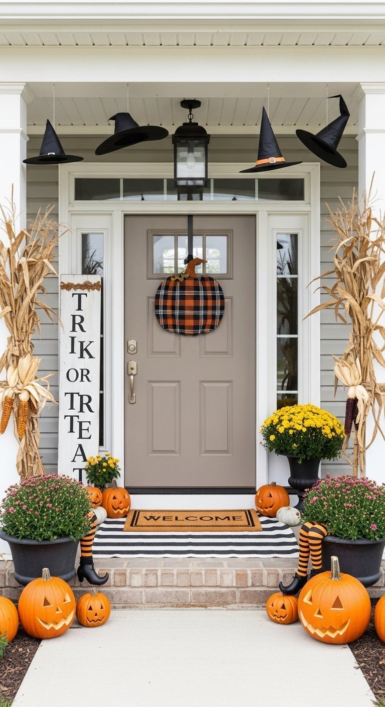 Porche d entrée décoré avec des chapeaux de sorcière suspendus et des bottes de maïs