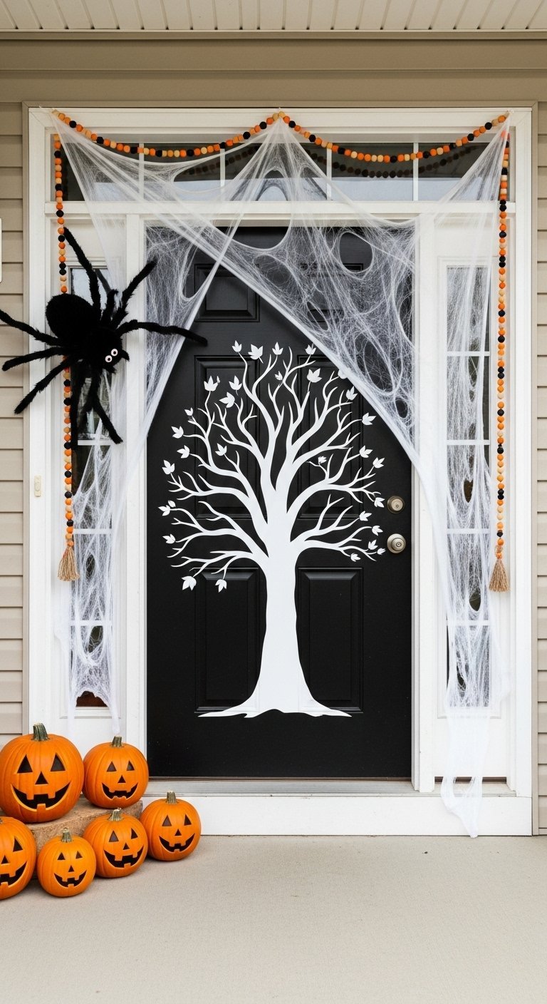 Porte noire avec un autocollant d arbre blanc et une araignée géante