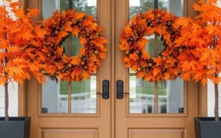 Portes doubles en bois avec deux grandes couronnes d automne