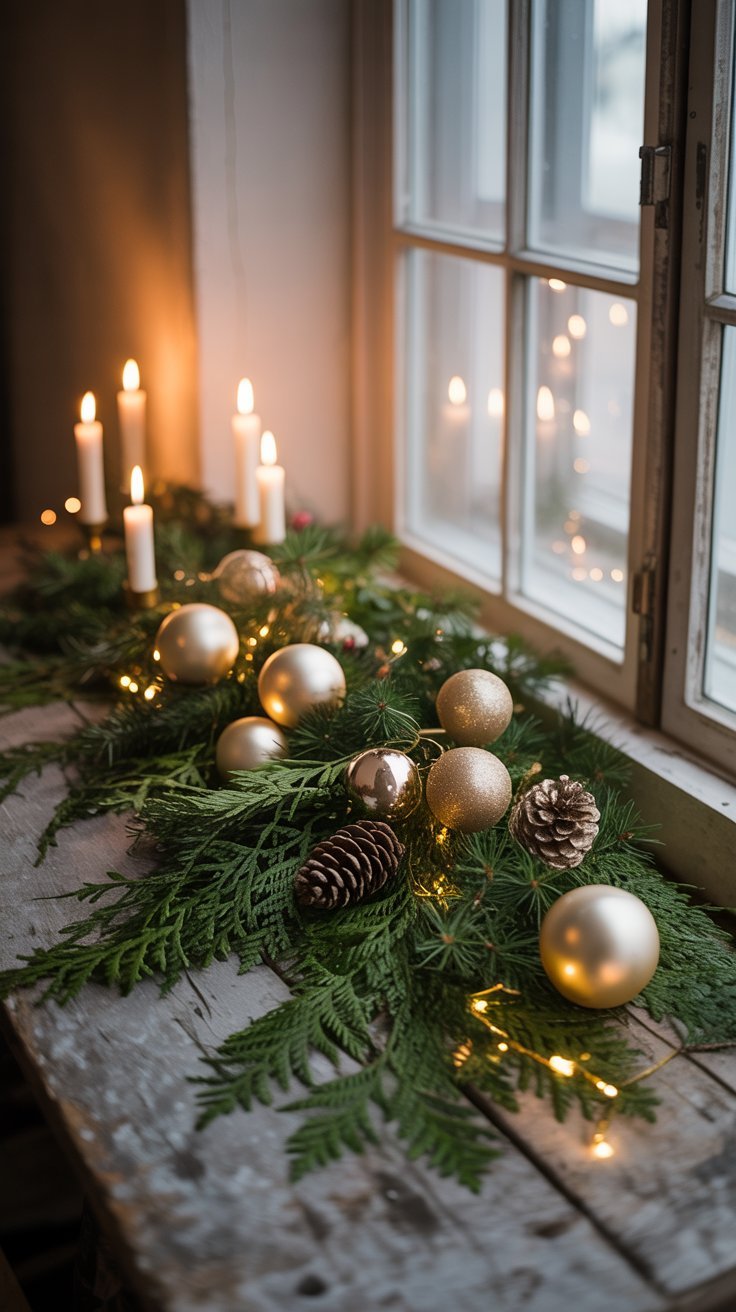 Rebord de fenêtre en bois décoré avec une guirlande de verdure et des boules dorées