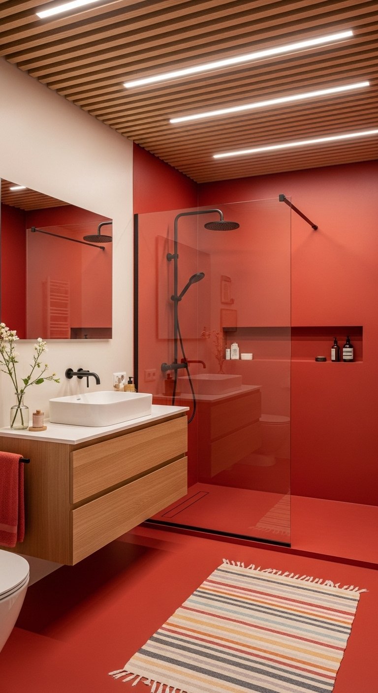 Salle de bain rouge terracotta avec meuble en bois suspendu et plafond à lattes