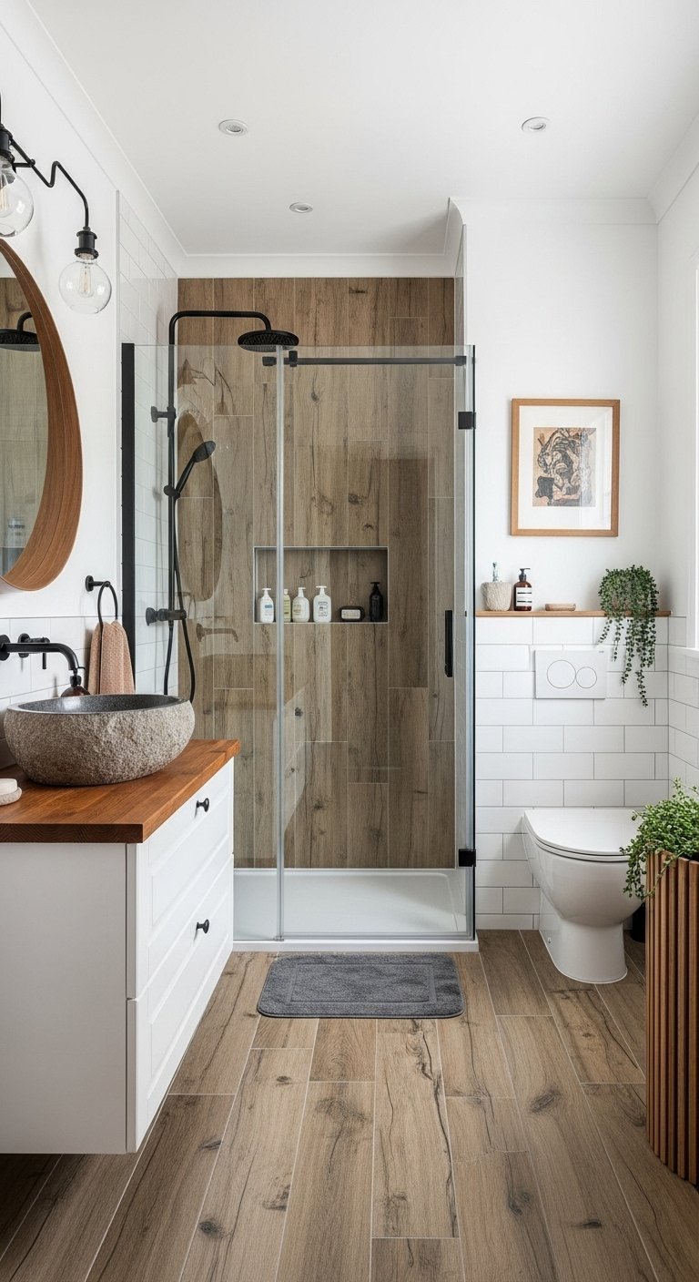 Salle de bain rustique avec mur effet bois et vasque en pierre