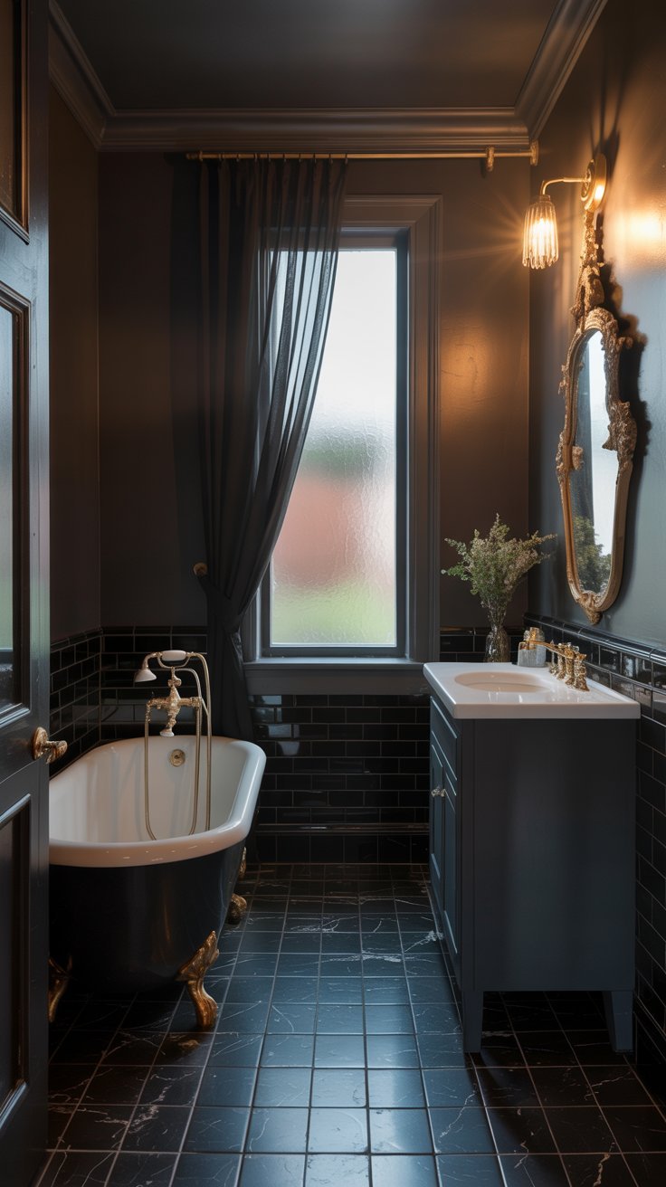 Salle de bain victorienne sombre avec baignoire noire à pieds dorés