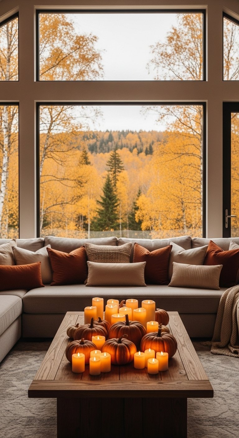 Table basse en bois avec des bougies en forme de citrouille allumees devant une fenetre