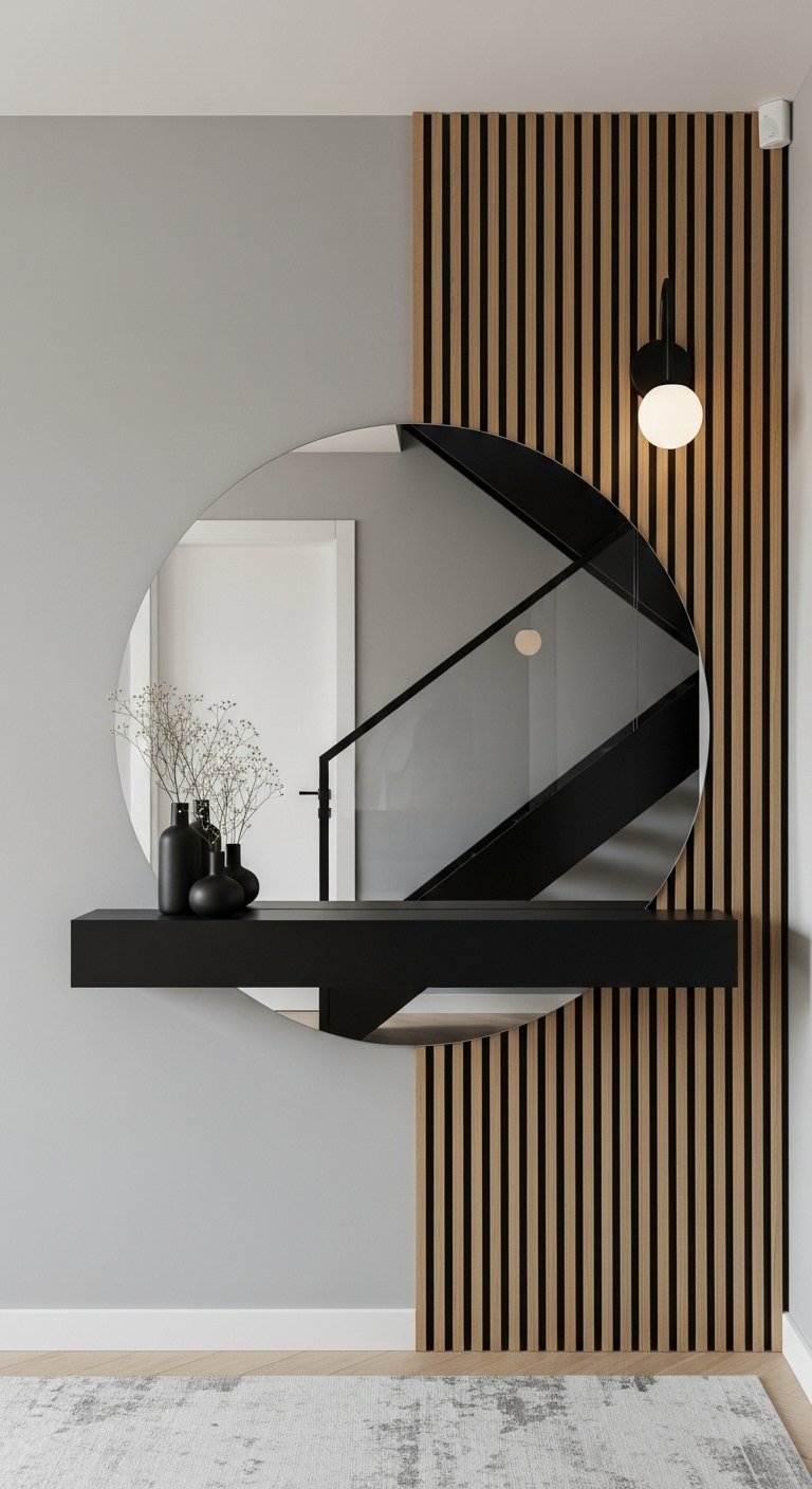 Tablette console noire minimaliste avec miroir rond sur mur gris et bois