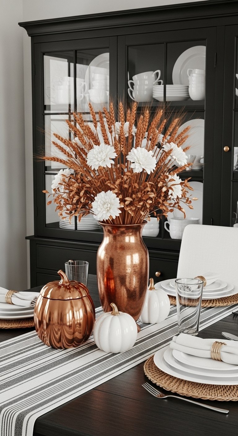 Vase en cuivre avec du blé et des fleurs blanches sur une table