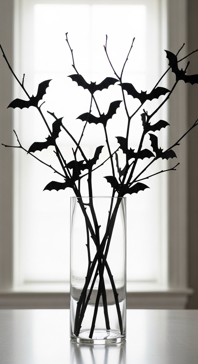 Vase transparent avec des branches noires decorees de chauves souris
