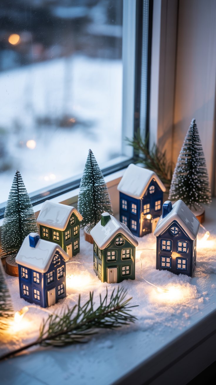 Village miniature de maisons en ceramique bleues et vertes illuminees