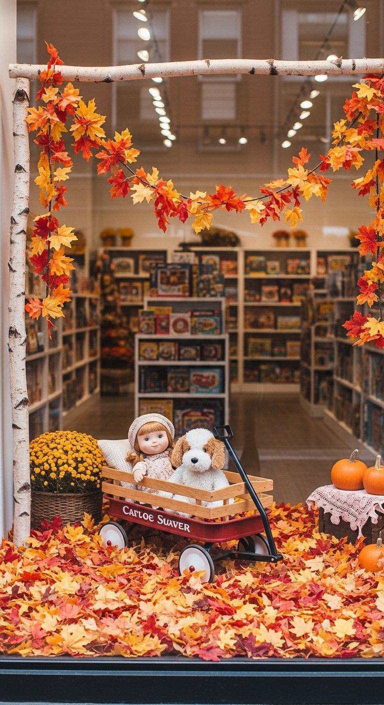 Vitrine de magasin de jouets avec une poupee dans un chariot sur un lit de feuilles
