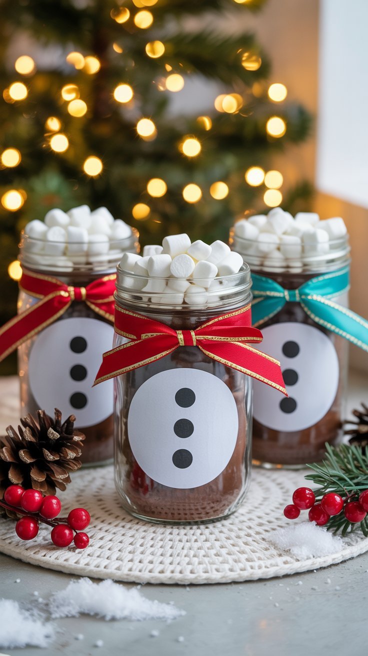 Bocaux cadeaux de chocolat chaud décorés en bonhomme de neige