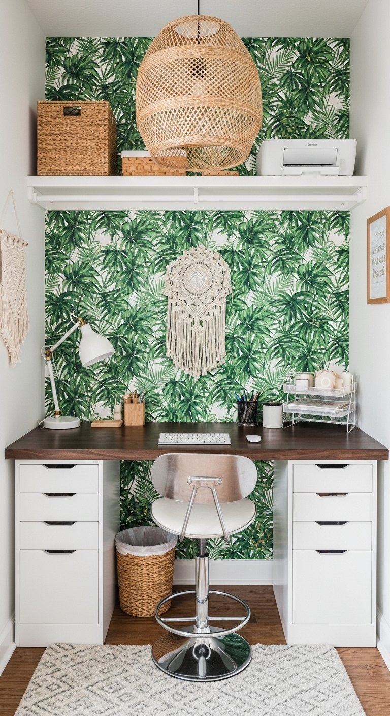 Bureau avec un mur d accent à motif de feuilles tropicales et des accessoires en bois