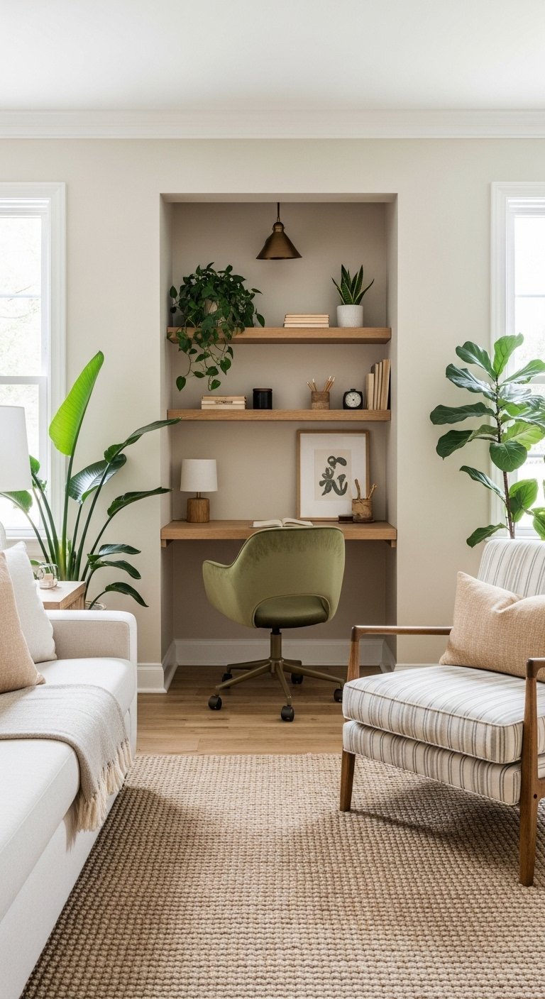 Bureau console en bois clair placé derrière un grand canapé blanc