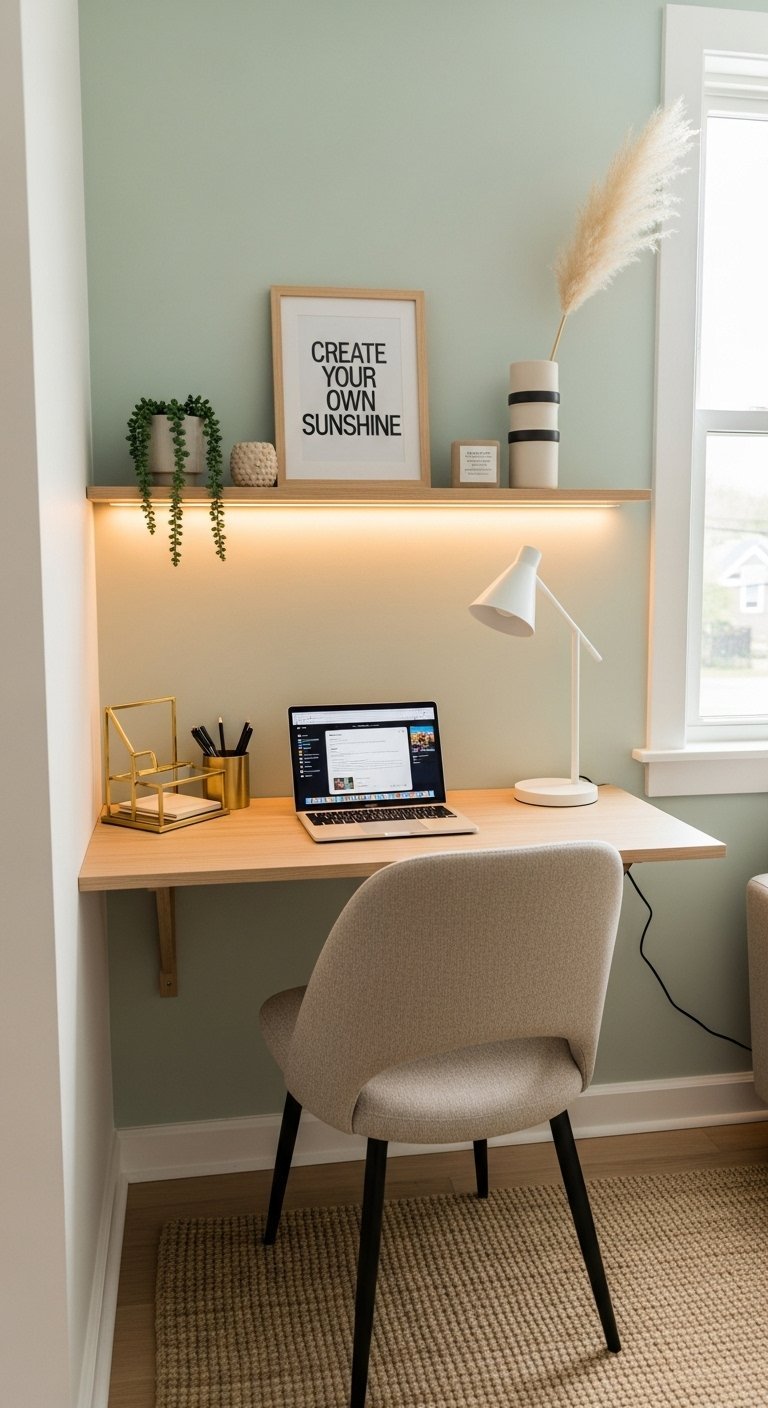 Bureau flottant dans une niche murale verte avec un éclairage LED intégré