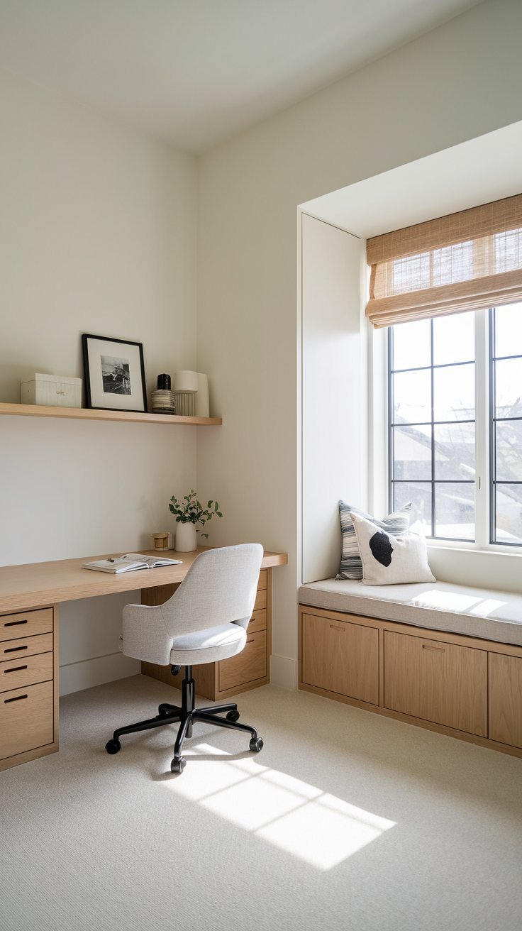 Bureau minimaliste en bois clair avec banquette de fenêtre intégrée