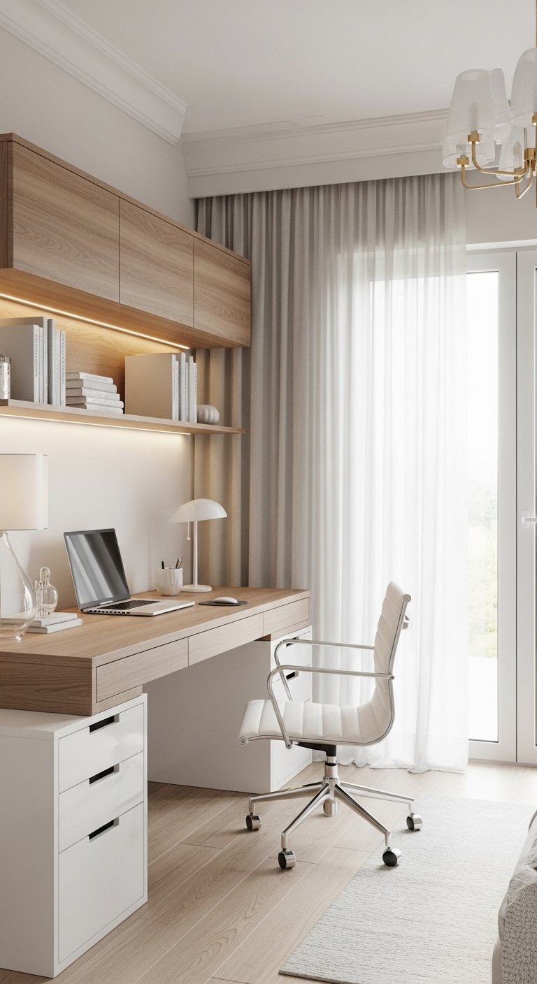 Bureau moderne en bois clair avec armoires suspendues et éclairage led