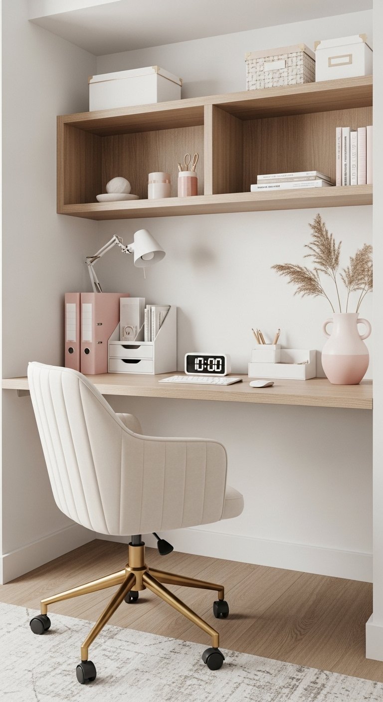 Bureau mural en bois clair avec chaise de bureau couleur crème