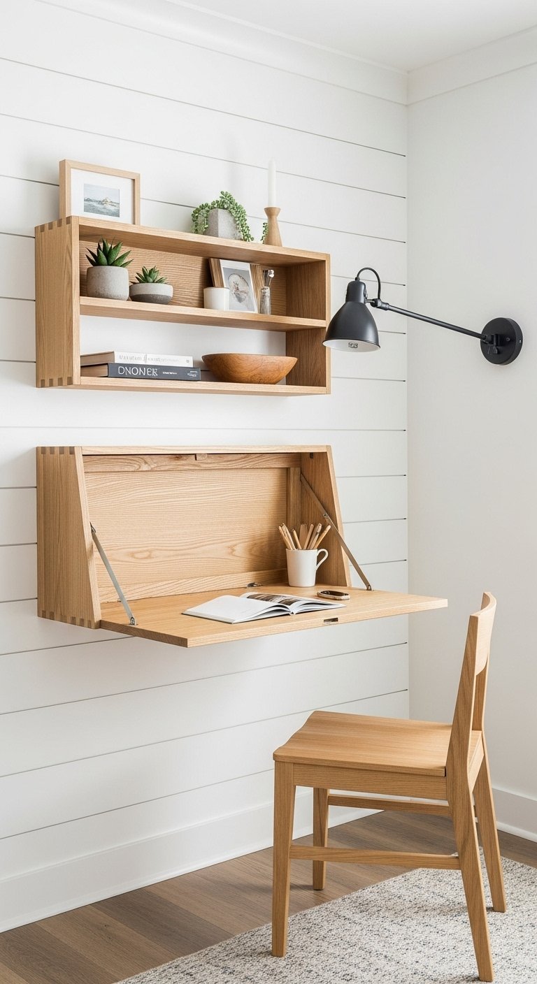 Bureau mural rabattable en chêne avec étagère assortie