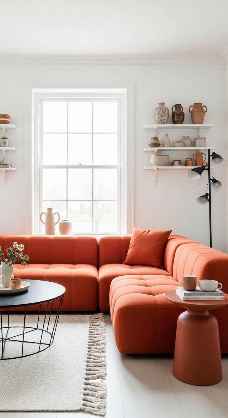 Canape dangle terracotta dans un coin lecture a cote dune fenetre