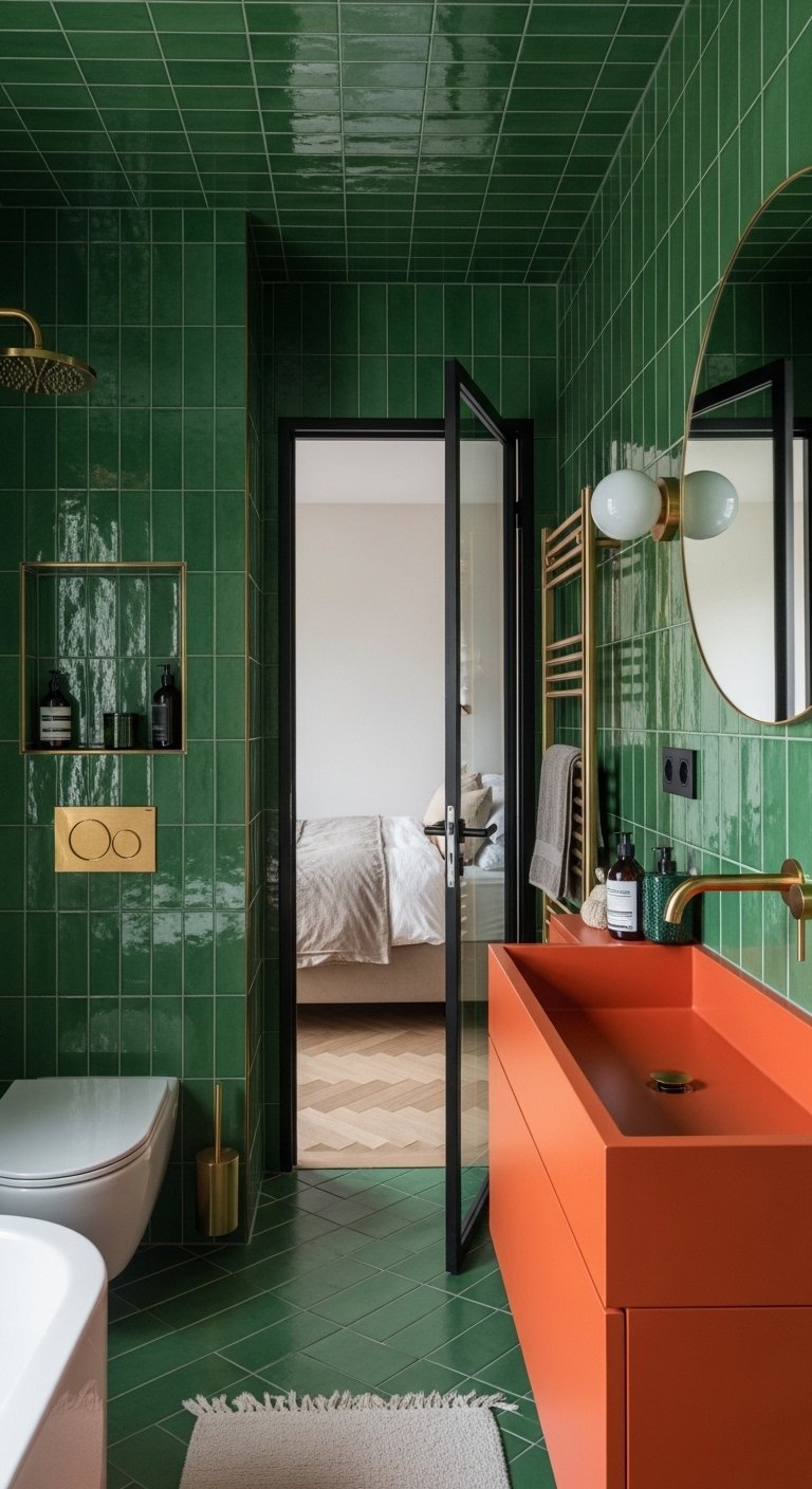 Carrelage mural vert intense et meuble vasque orange vif