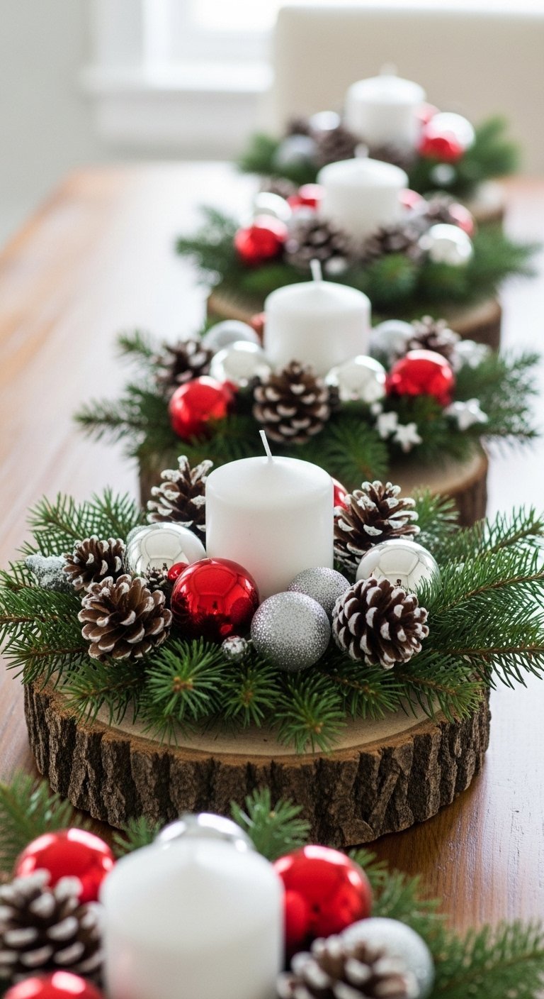 Centres de table de noel sur des rondins de bois avec bougies et pommes de pin