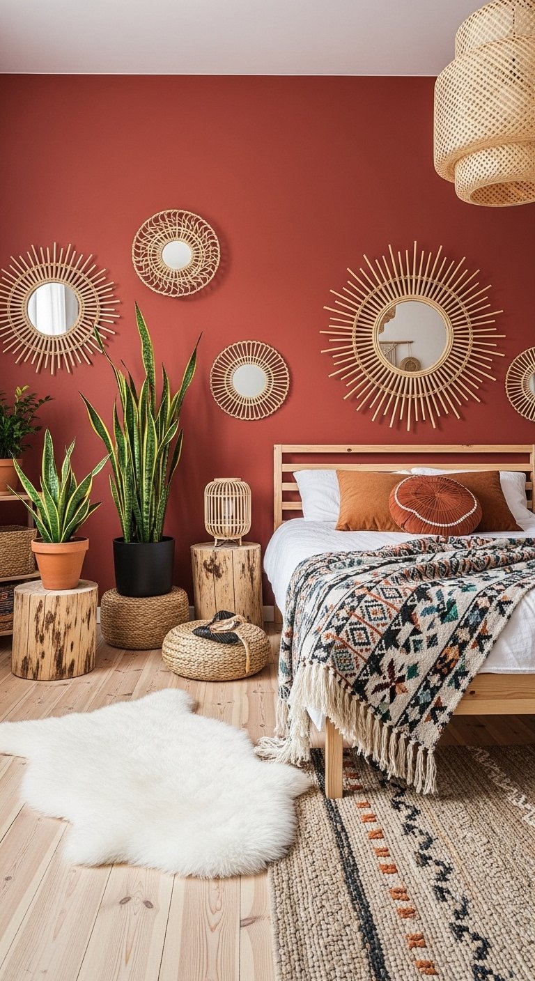 Chambre bohème avec mur terracotta et miroirs soleil en rotin
