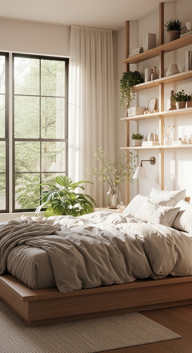 Chambre de style japandi avec lit plateforme bas et etageres ouvertes