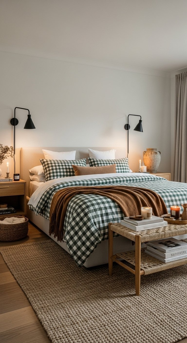 Chambre minimaliste avec parure de lit à carreaux vichy verts