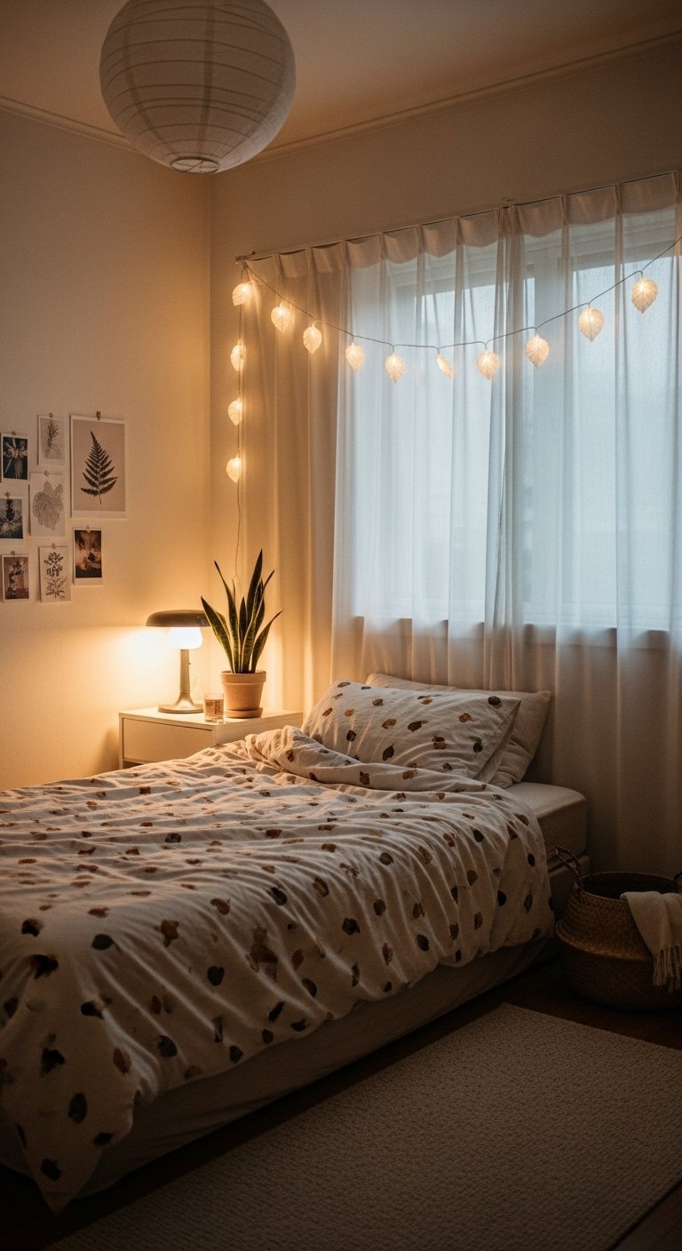 Chambre minimaliste avec une parure de lit a motifs de feuilles et une guirlande