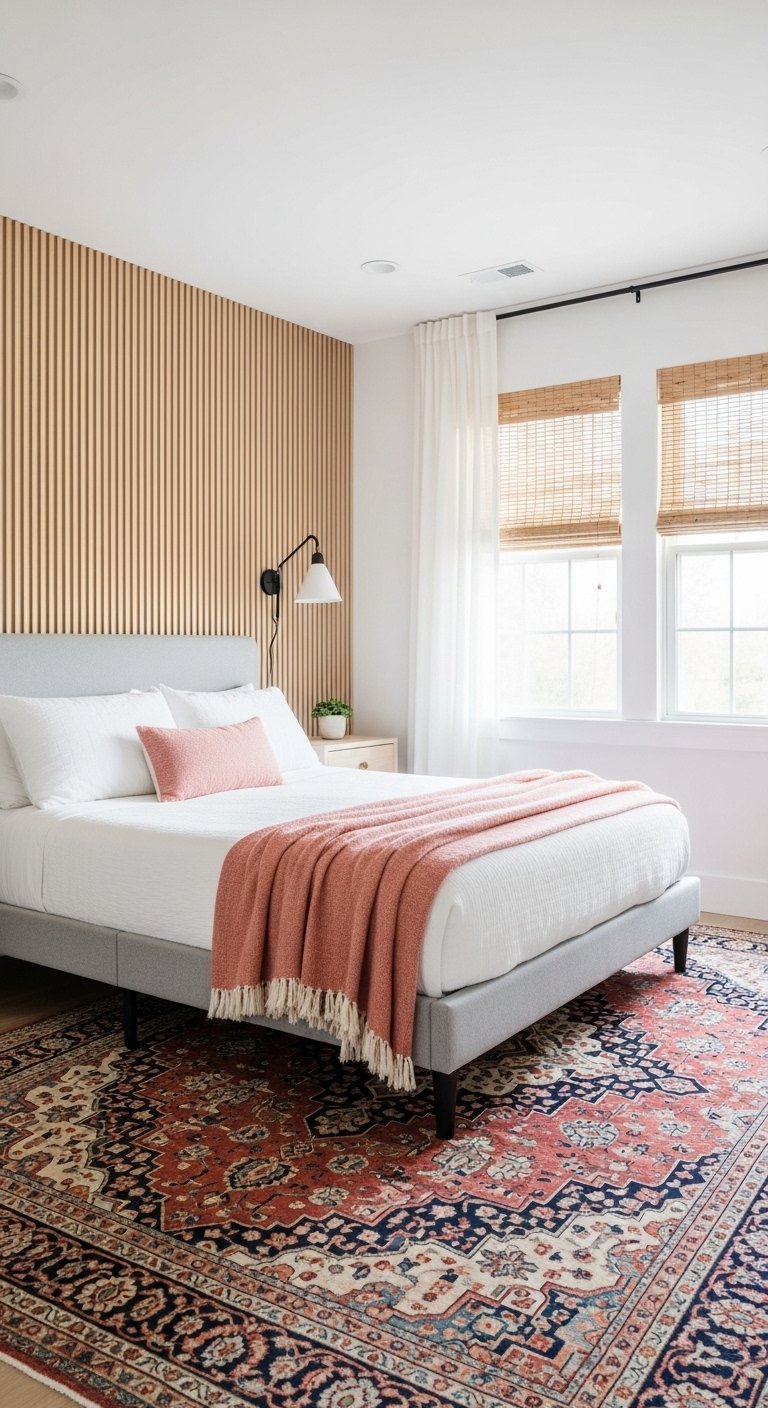 Chambre moderne avec mur en tasseaux de bois et tapis persan