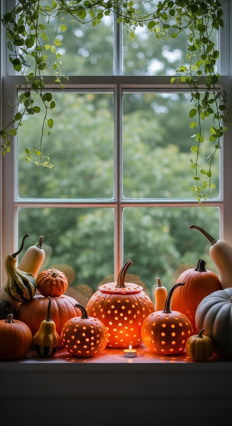 Collection de citrouilles et de courges illuminees sur un rebord de fenetre