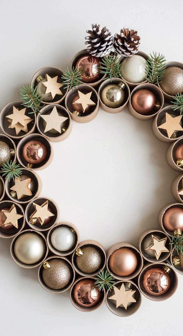 Couronne de Noël faite de rouleaux de carton remplis de boules et étoiles