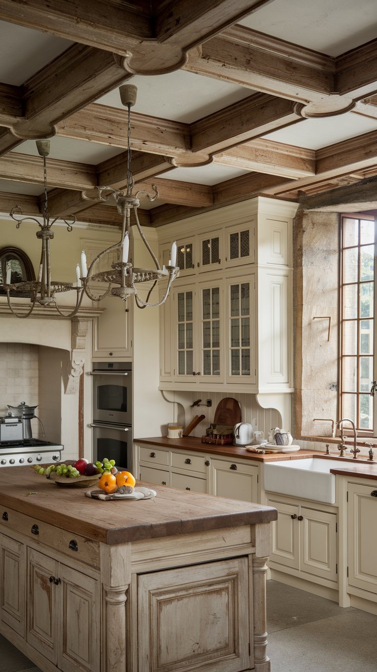 Cuisine de château avec plafond à caissons et lustres en fer forgé