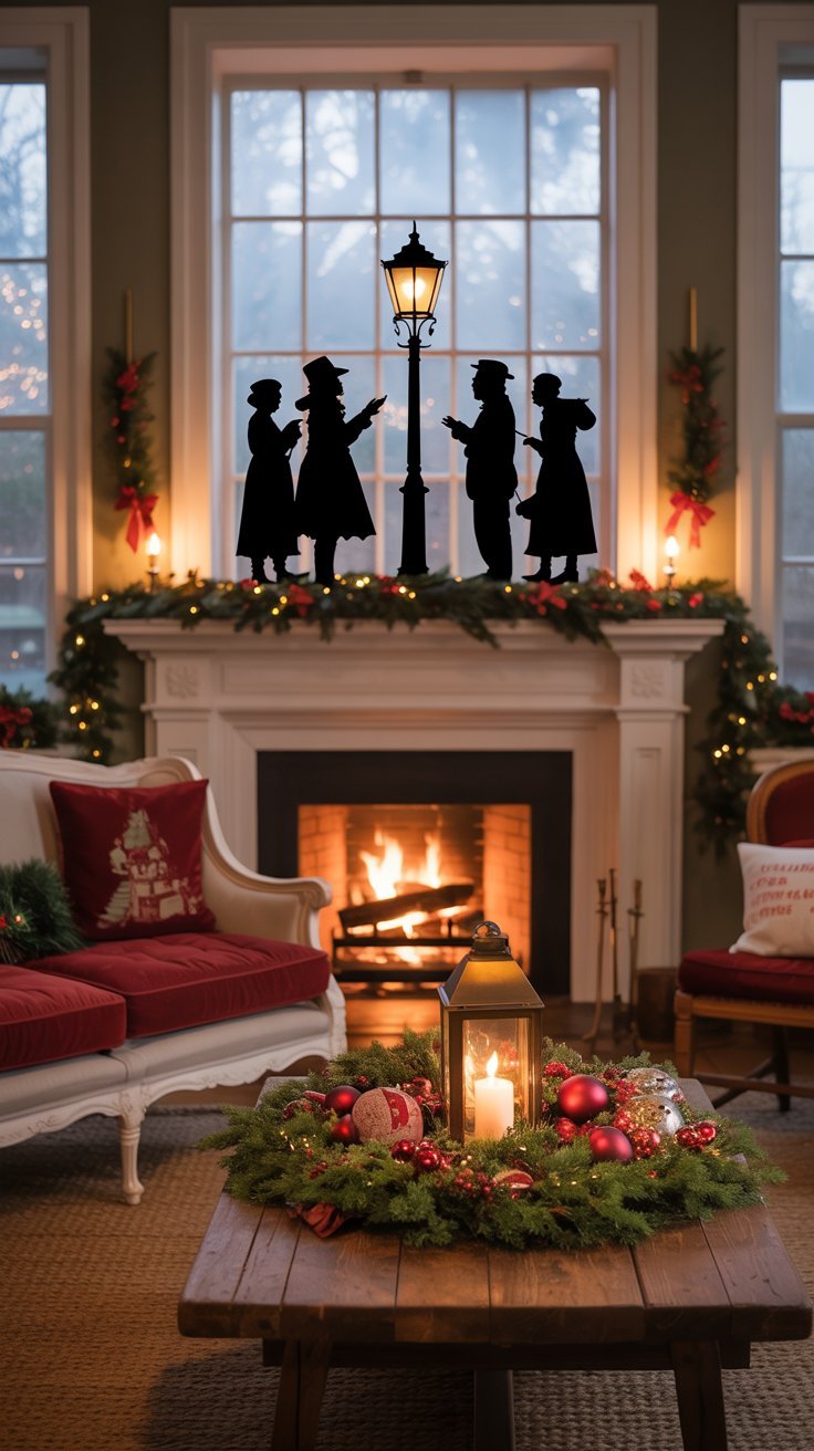 Decoration de silhouette de chanteurs de noel devant une fenetre