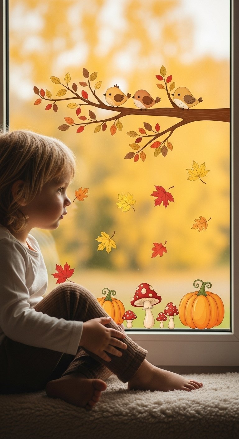 Enfant regardant par une fenêtre avec des stickers d oiseaux sur une branche