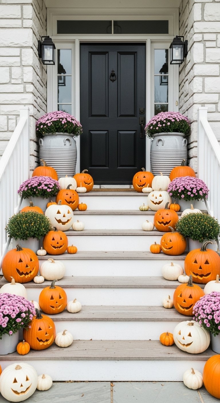 Escalier extérieur couvert de citrouilles sculptées et de chrysanthèmes en pots