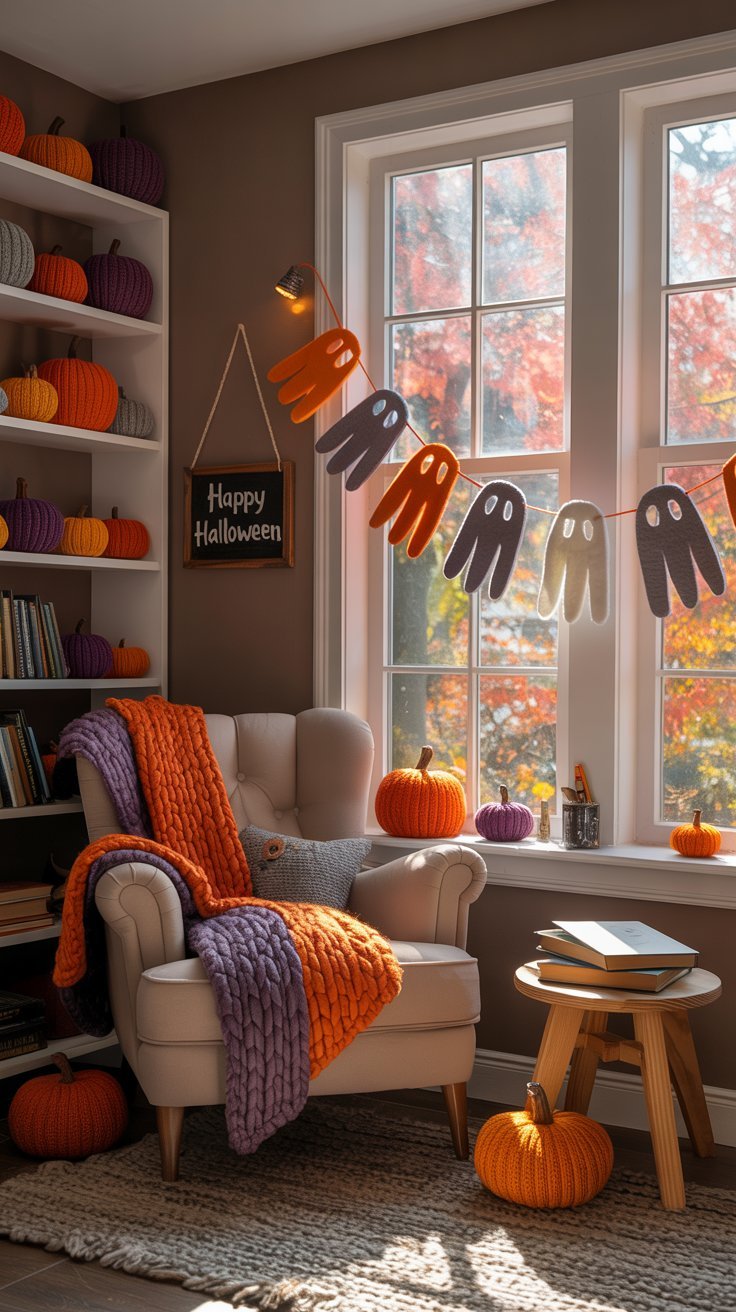 Fauteuil confortable avec des plaids en tricot et des citrouilles en laine pres d une fenetre