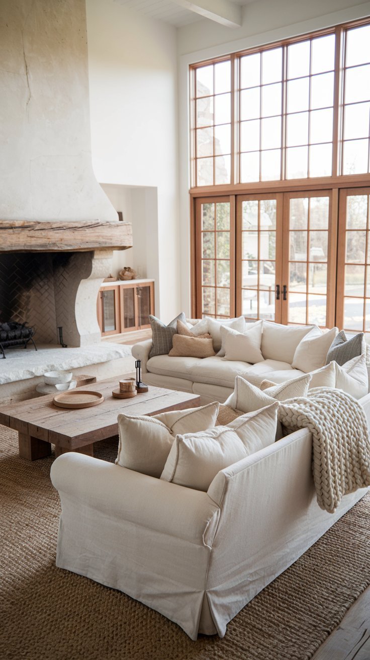 Grand salon de style rustique avec cheminée en pierre et canapés en lin blanc