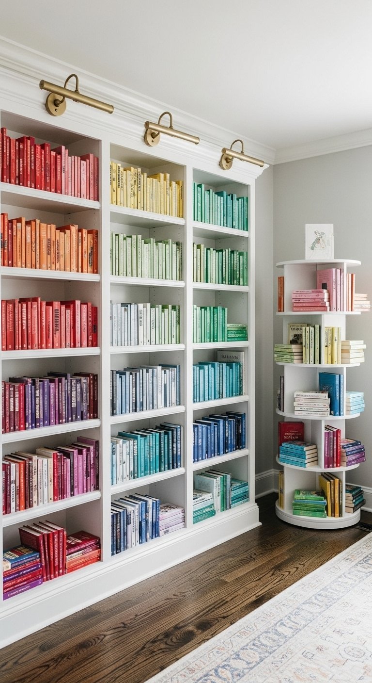 Grande bibliotheque blanche avec livres organises par couleur arc en ciel