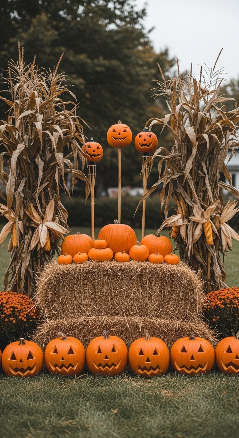 Installation extérieure avec des épouvantails citrouilles sur des bottes de foin