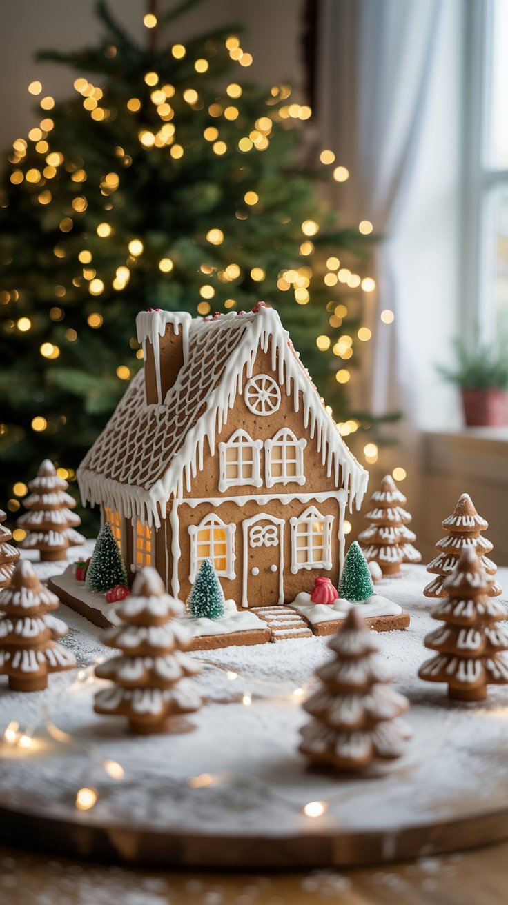 Maison en pain d épices décorée de glaçage blanc sur une table de noel
