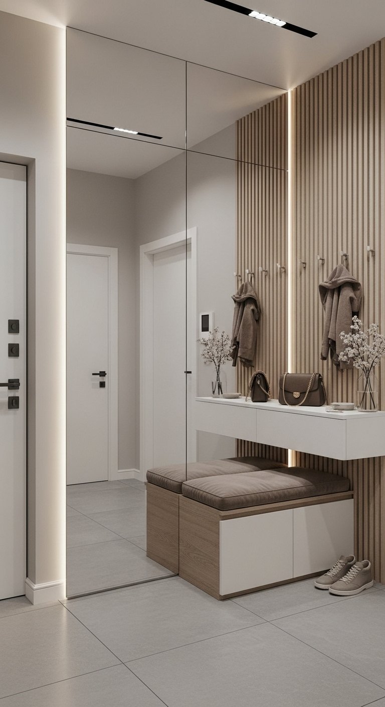 Meuble d entree avec banc et console devant un grand mur de miroirs