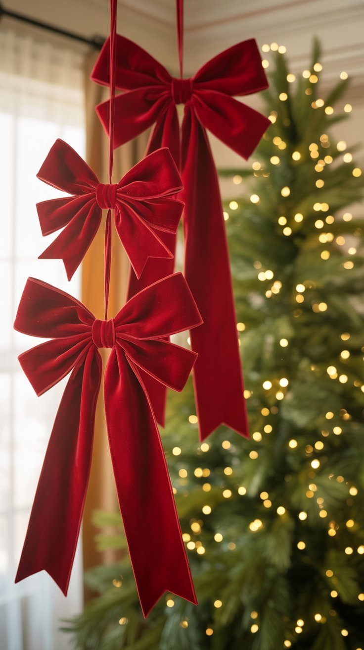 Nœuds en velours rouge suspendus devant un sapin de Noël