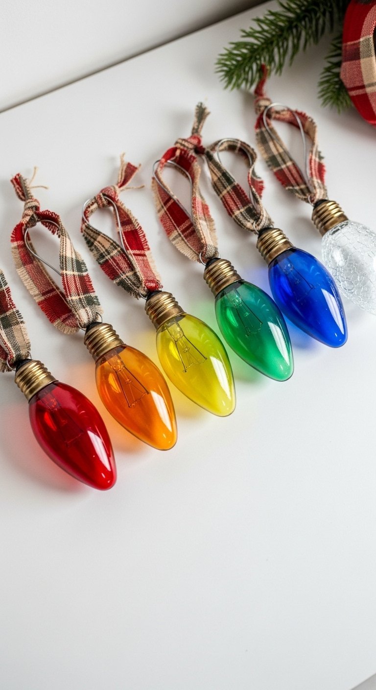 Ornements en forme d ampoules de Noël colorées avec des rubans en tissu écossais